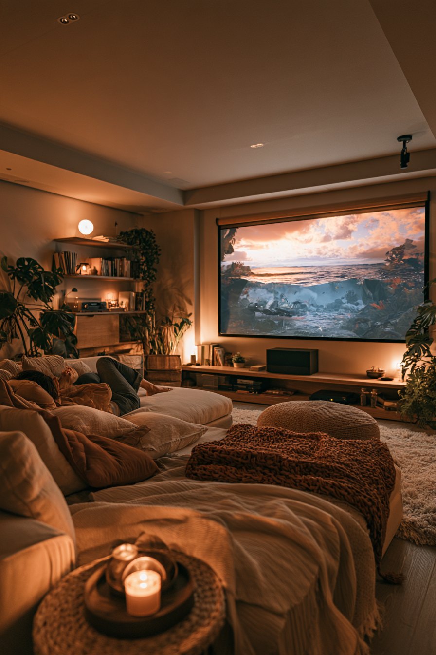 Cozy basement home theater with recliner seating, ambient LED lighting, and a large projection screen glowing in a dark room