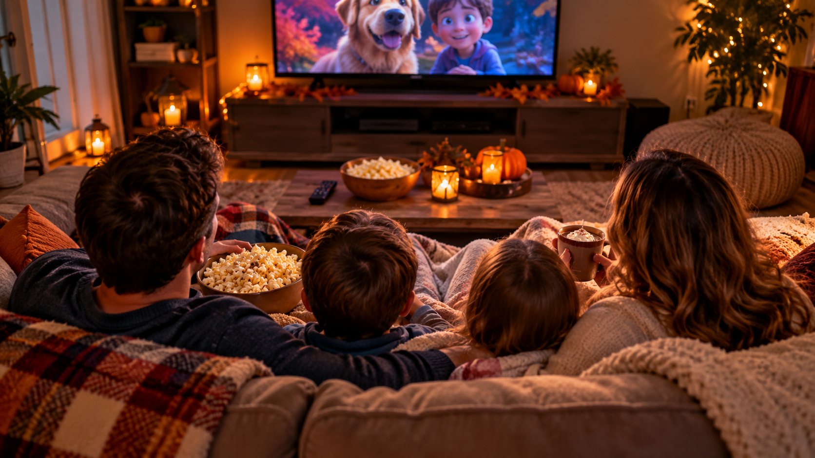 Family enjoying a cozy weekend movie night at home with popcorn, blankets and warm fall lighting.