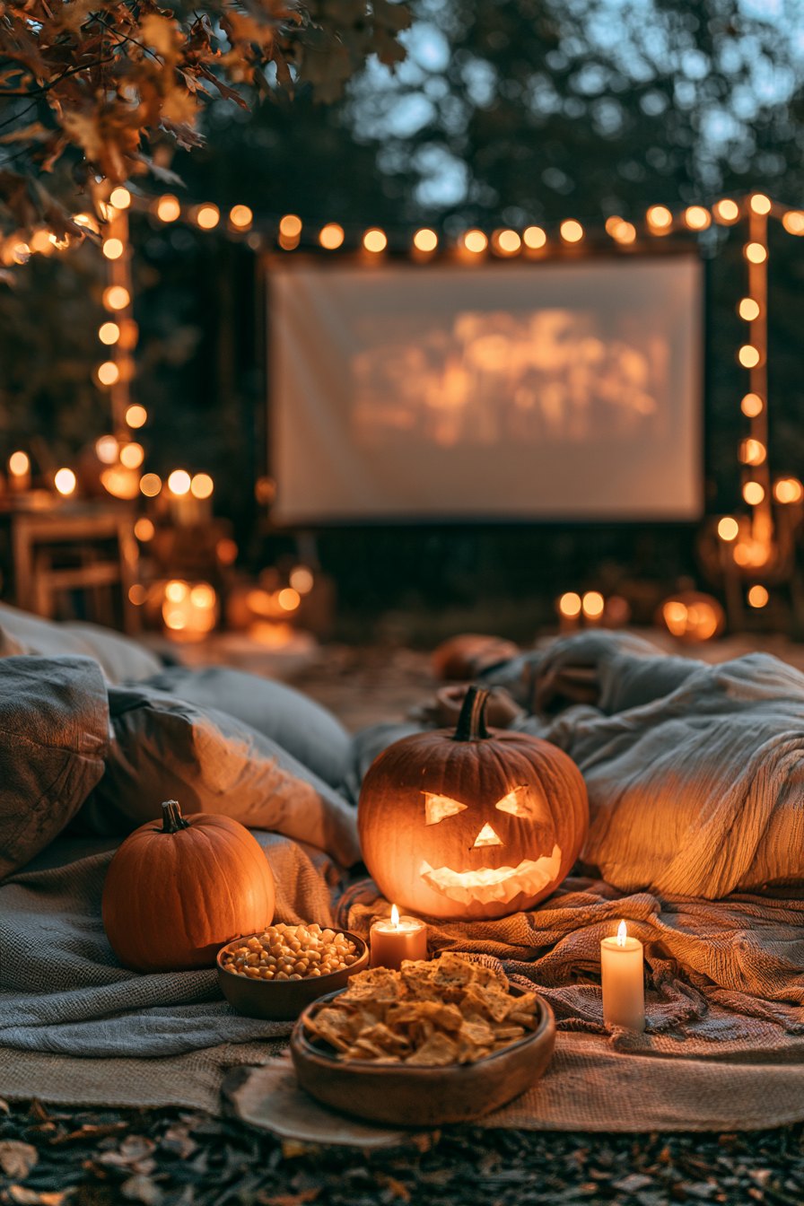 A cozy living room decorated for Halloween with orange string lights, popcorn bowls, and a horror film glowing on a large TV screen