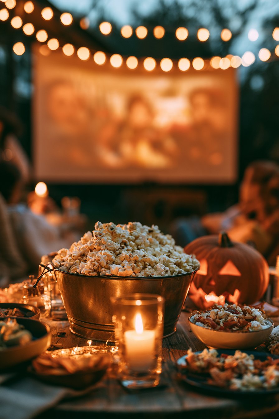 Cozy living room set up for a Halloween movie night with orange string lights, popcorn bowls, and a large TV screen glowing in the dark