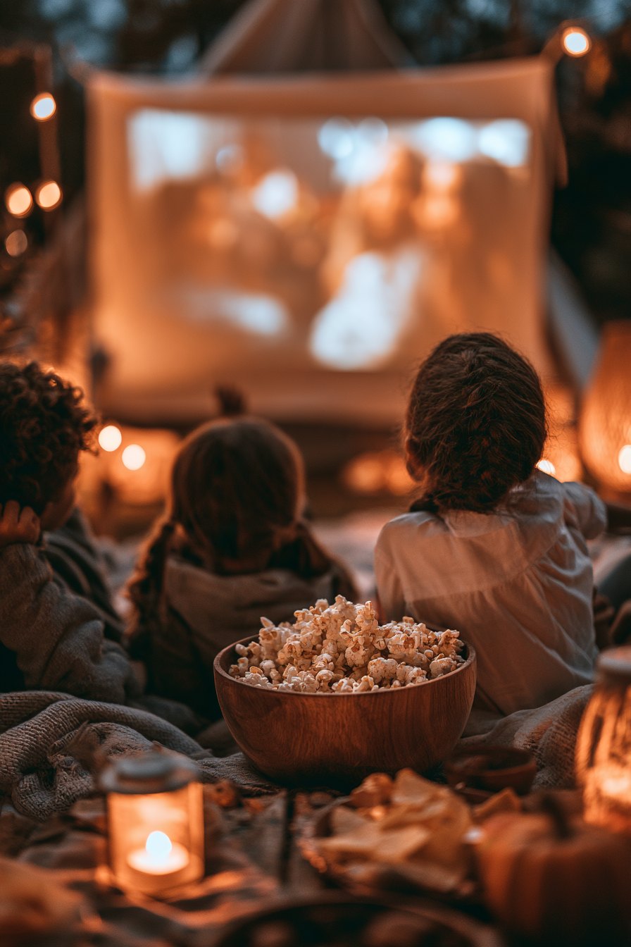 Family sitting together on a couch in a dimly lit living room watching a Halloween movie on a large TV screen