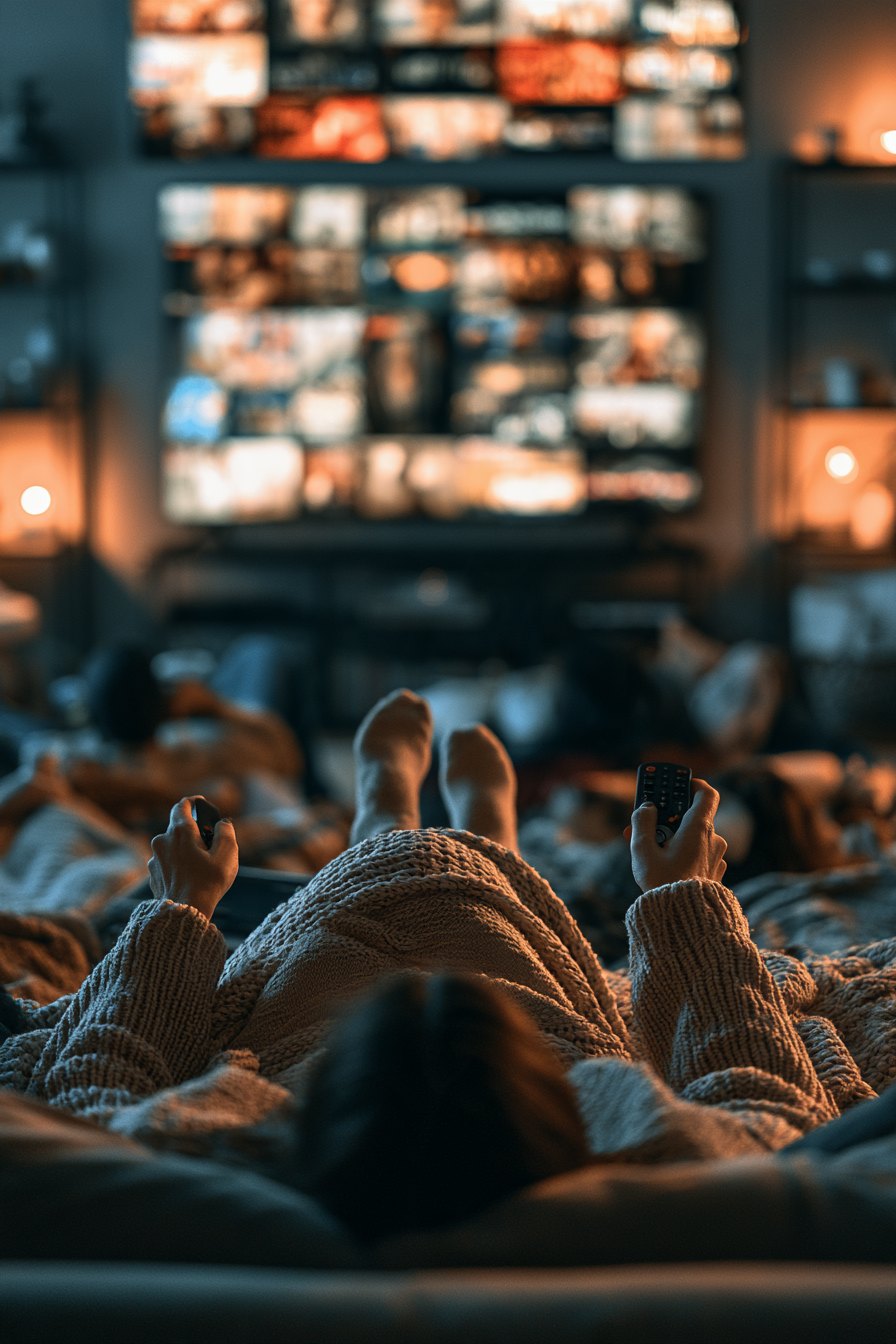 Remote control pointing at a TV screen showing multiple streaming service logos
